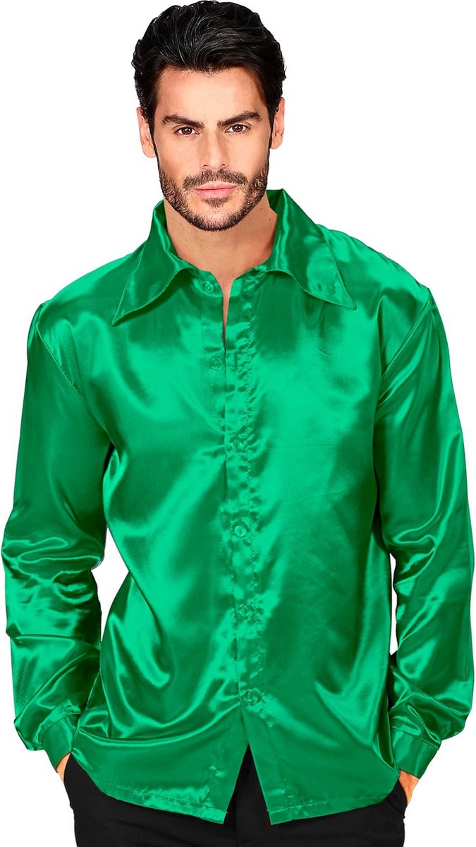 Widmann - Feesten & Gelegenheden Kostuum - Jaren 70 Overhemd Froggy Green Satijn Man - Groen - XL - Carnavalskleding - Verkleedkleding