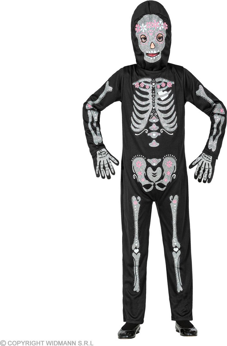 Widmann - Spook & Skelet Kostuum - Glitter En Glamour Hollywood Skelet Kind Kostuum - Zwart, Wit / Beige - Maat 128 - Halloween - Verkleedkleding