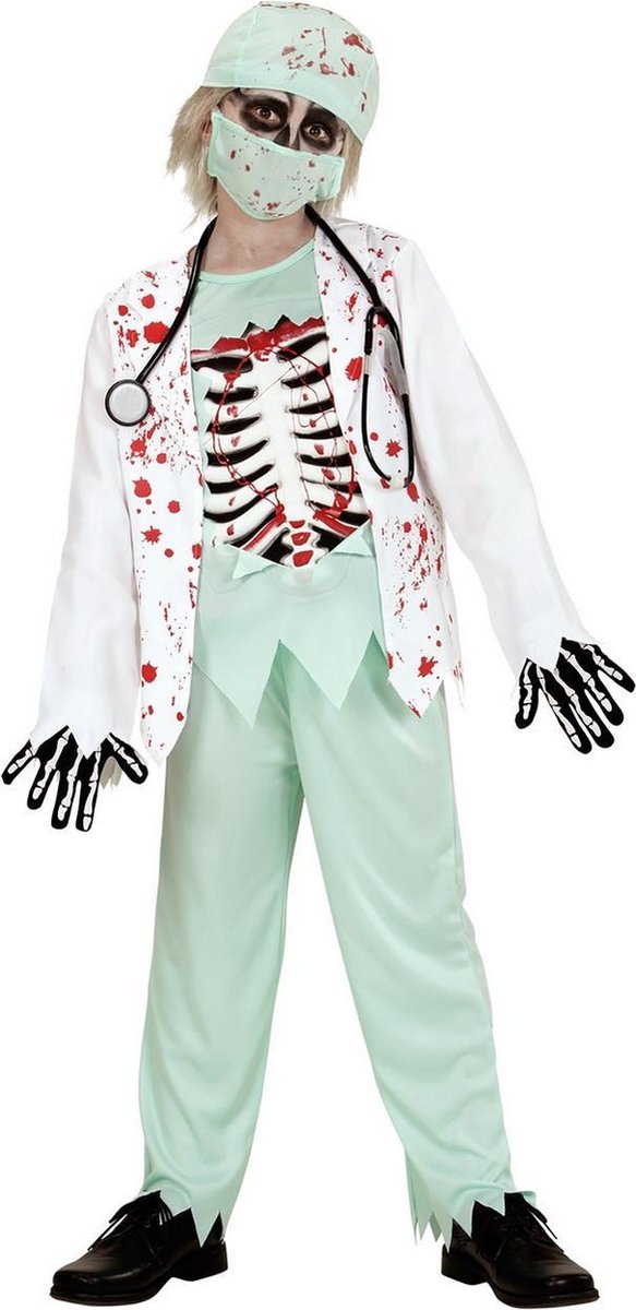 Widmann - Zombie Kostuum - Skelet Zombie Dokter - Jongen - Groen, Wit / Beige - Maat 158 - Halloween - Verkleedkleding