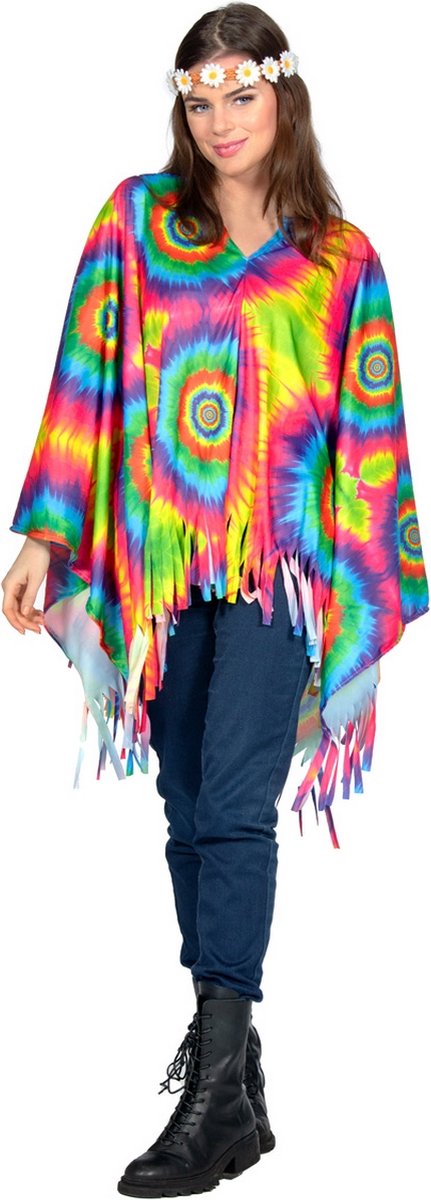 Wilbers & Wilbers - Hippie Kostuum - Dazzling Circles Tie Dye Poncho Vrouw - Multicolor - One Size - Carnavalskleding - Verkleedkleding