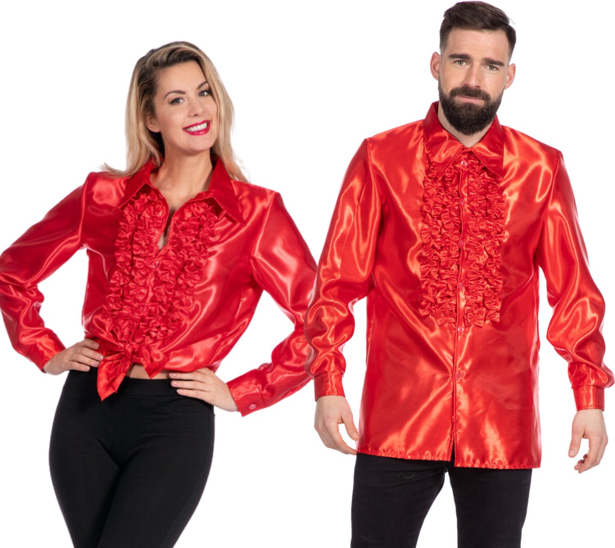 Wilbers & Wilbers - Jaren 80 & 90 Kostuum - Knallend Rode Foute Ruchesblouse Satijn Disco Party Man - Rood - Maat 52 - Carnavalskleding - Verkleedkleding