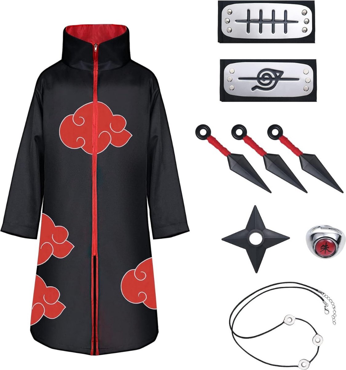 Carnavalskleding - "Akatsuki Mastery: Complete 9-delige Unisex Hokage Ninja Set - Halloween Cosplay Kostuum met Mantel, Hoofdbanden, Ketting, Ring en Speelgoed - Voor Kinderen en Volwassenen in Anime Naruto Stijl"