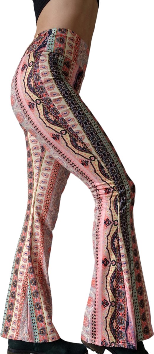 Flared broek - Dames - festival - High waist - Print-Roze -XL-carnaval