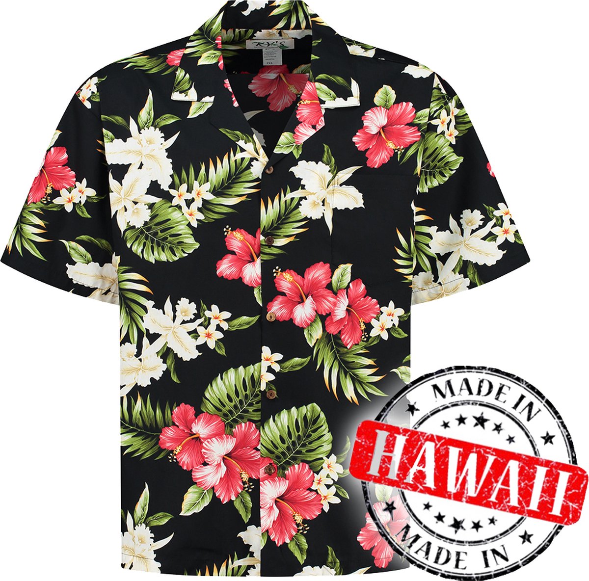 Hawaii Blouse Mannen - Shirt - Hemd - 100% Katoen - Overhemd Heren Korte Mouw - Made in Hawaii "Tropische Bloemen" Maat M