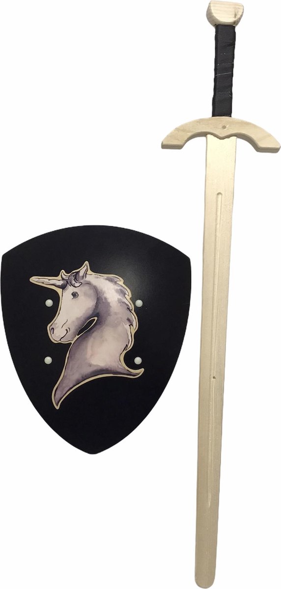 Houten roofridder zwaard met ridderschild eenhoorn zwart unicorn