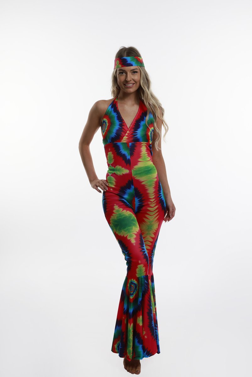 Karnival Costumes Jumpsuit Tye Dye Foute Party Neon Carnavalskleding Dames Hippie 60's 70's Retro Carnaval - Polyester - Maat L - Jumpsuit met vastgenaaide riem, let op: Hoofdband niet inbegrepen