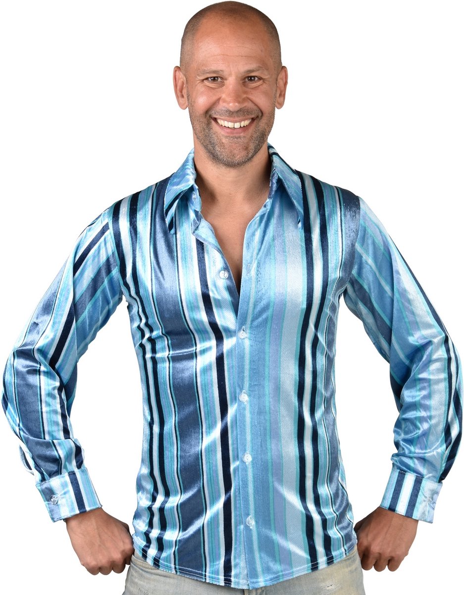 Magic By Freddy's - Hippie Kostuum - Jaren 70 Blauwe Groovy Blouse Man - Blauw - XXL - Carnavalskleding - Verkleedkleding