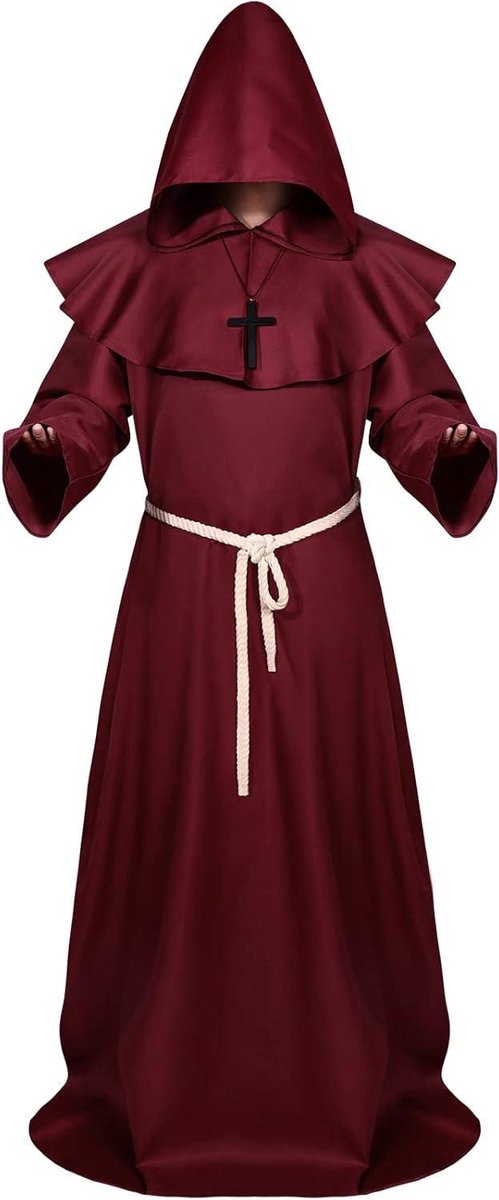 Middeleeuwse Hooded Monk Robe Met Capuchon voor Halloween - Volwassen Priester Kostuum Met Mantel, Taille Touw en Kruis Ketting - Rood Extra Large