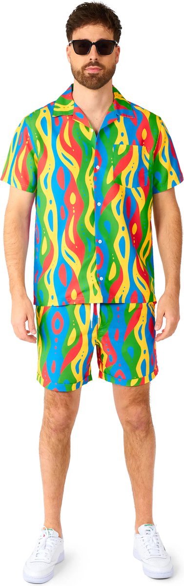 OppoSuits Loopy Lines - Heren Zomer Set - Bevat Shirt En Shorts - Festival Outfit - Meerkleurig - Maat: XXL