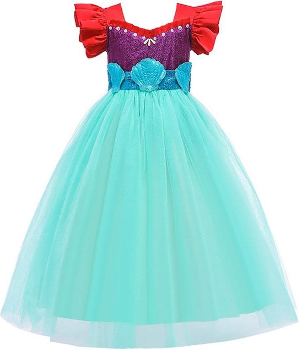 Prinses - Zeemeermin Ariel jurk - Prinsessenjurk - Verkleedkleding - Feestjurk - Sprookjesjurk - Zeegroen - 122/128 (6/7 jaar)