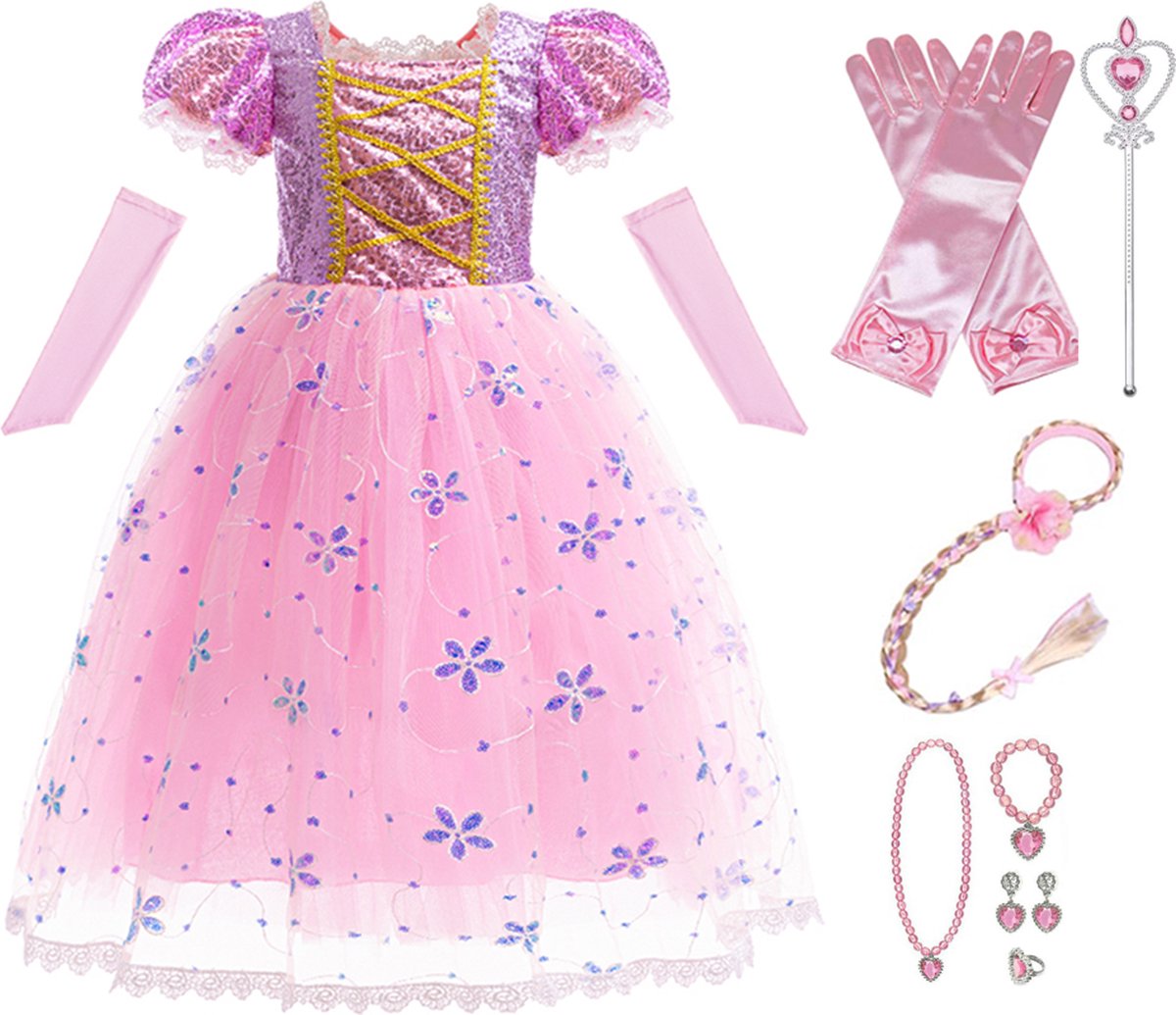 Prinsessenjurk meisje - verkleedjurk - 122/128 - carnavalskleding kind - prinsessen verkleedkleren - haarband met blonde vlecht - handschoenen -toverstaf - roze