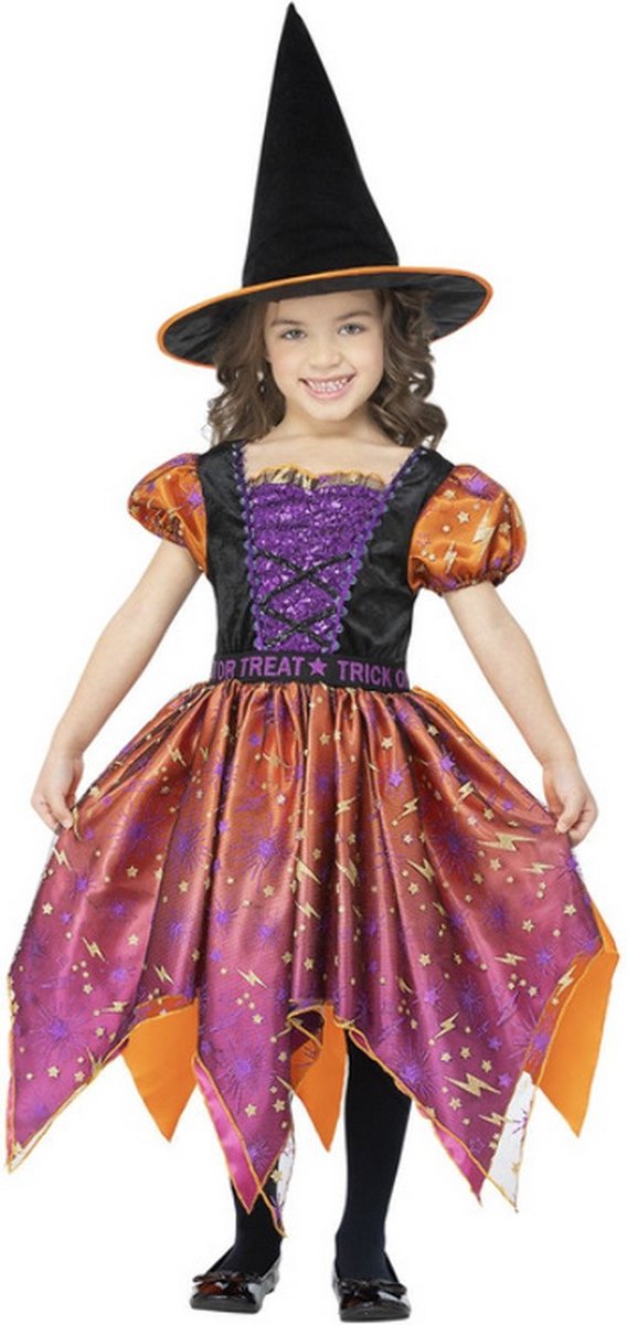 Smiffys - Moon & Stars Witch Kinder Kostuum - Kids tm 6 jaar - Oranje/Paars