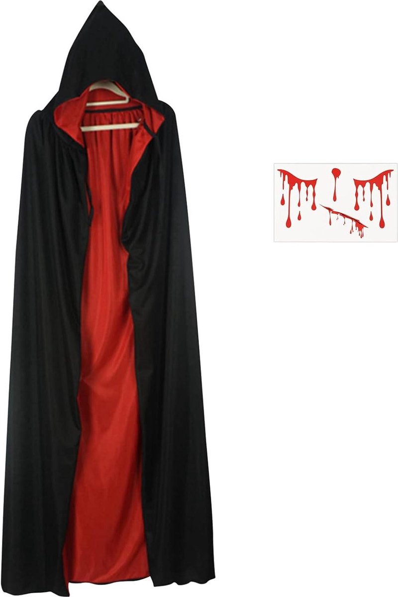 Vampieren Cape Zwarte Hooded Lange Unisex Middeleeuwse Cape met Halloween littekens Tattoo 170cm