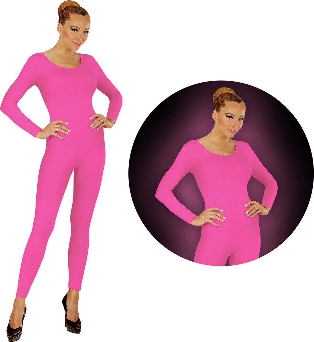 Widmann - Dans & Entertainment Kostuum - Neon Roze Bodysuit Glow - Vrouw - Roze - Medium / Large - Carnavalskleding - Verkleedkleding