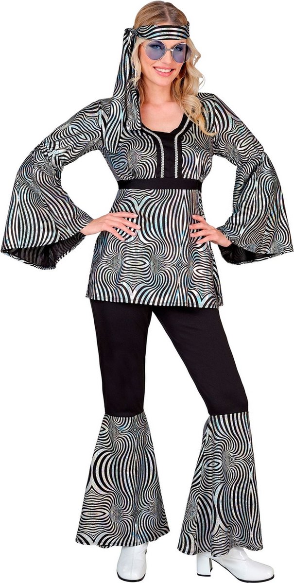 Widmann - Hippie Kostuum - 70s Groovy Kostuum Disco Zilver XXL Vrouw - Zwart, Zilver - Medium - Carnavalskleding - Verkleedkleding