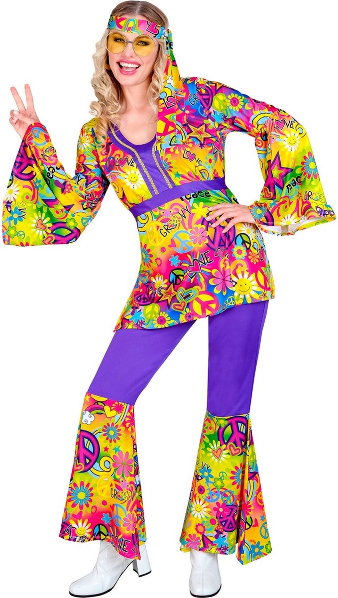 Widmann - Hippie Kostuum - Groovy Peace And Love Hippie Jaren 60 Style - Vrouw - Geel, Paars - XXL - Carnavalskleding - Verkleedkleding