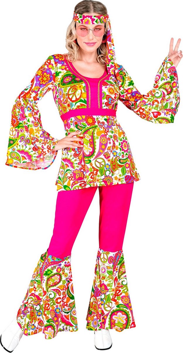 Widmann - Hippie Kostuum - Paisley Peace Hippie Jaren 60 Style - Vrouw - Roze - Medium - Carnavalskleding - Verkleedkleding