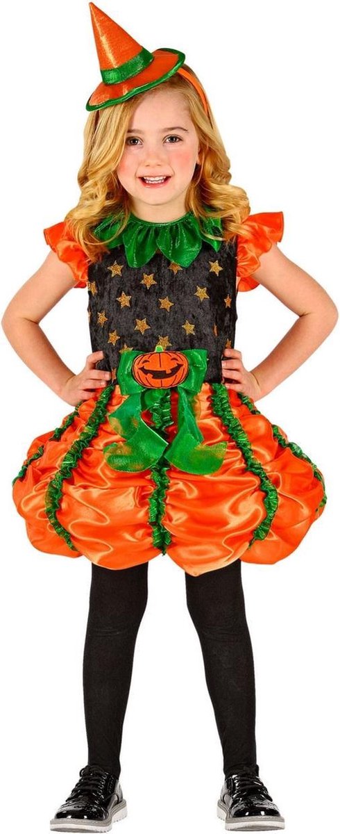 Widmann - Pompoen Kostuum - Gruwelijk Grijnzende Pompoen Heks - Meisje - Oranje - Maat 104 - Halloween - Verkleedkleding