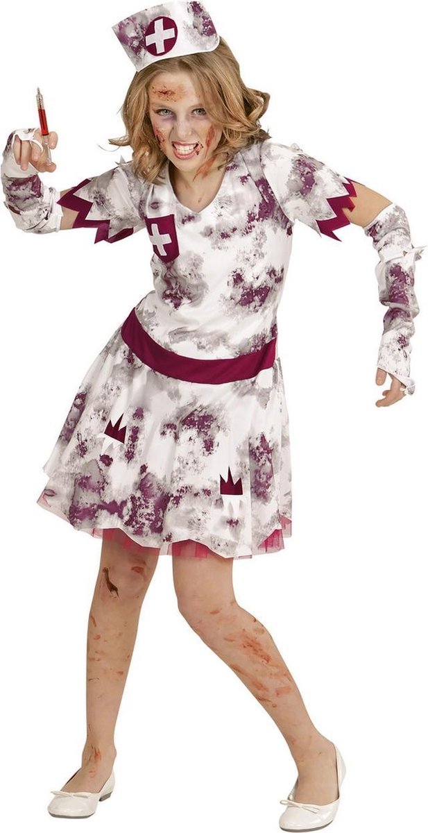 Widmann - Zombie Kostuum - Zombie Izzy Verpleegster - Meisje - Rood, Wit / Beige - Maat 158 - Halloween - Verkleedkleding