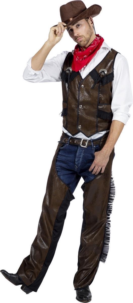 Wilbers & Wilbers - Cowboy & Cowgirl Kostuum - Cowboy Chaps Wilde Mustang - Man - Bruin - Maat 52 - Carnavalskleding - Verkleedkleding