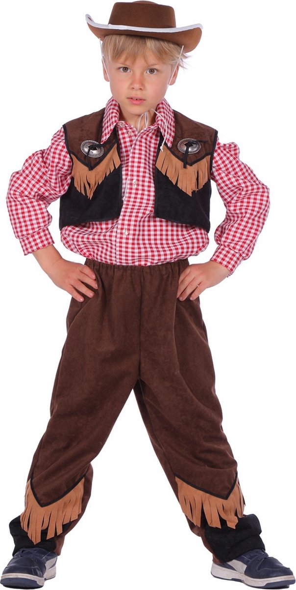 Wilbers & Wilbers - Cowboy & Cowgirl Kostuum - Kleine Schrik Van Het Wilde Westen Cowboy - Jongen - Bruin, Zwart - Maat 128 - Carnavalskleding - Verkleedkleding