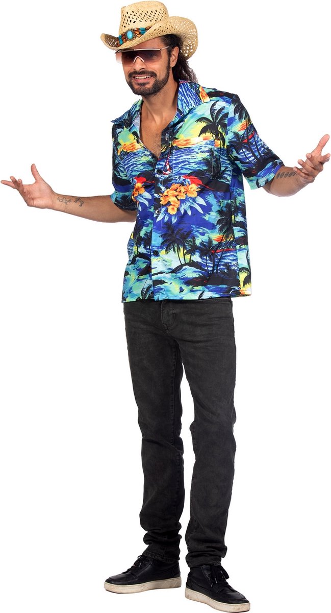 Wilbers & Wilbers - Hawaii & Carribean & Tropisch Kostuum - Tropical Hawaii By Night Breeze Shirt - Man - Blauw - XL - Carnavalskleding - Verkleedkleding