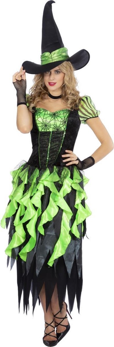 Wilbers & Wilbers - Heks & Spider Lady & Voodoo & Duistere Religie Kostuum - Heks Betoverde Woud Sprookjes - Vrouw - Groen, Zwart - Maat 44-46 - Halloween - Verkleedkleding