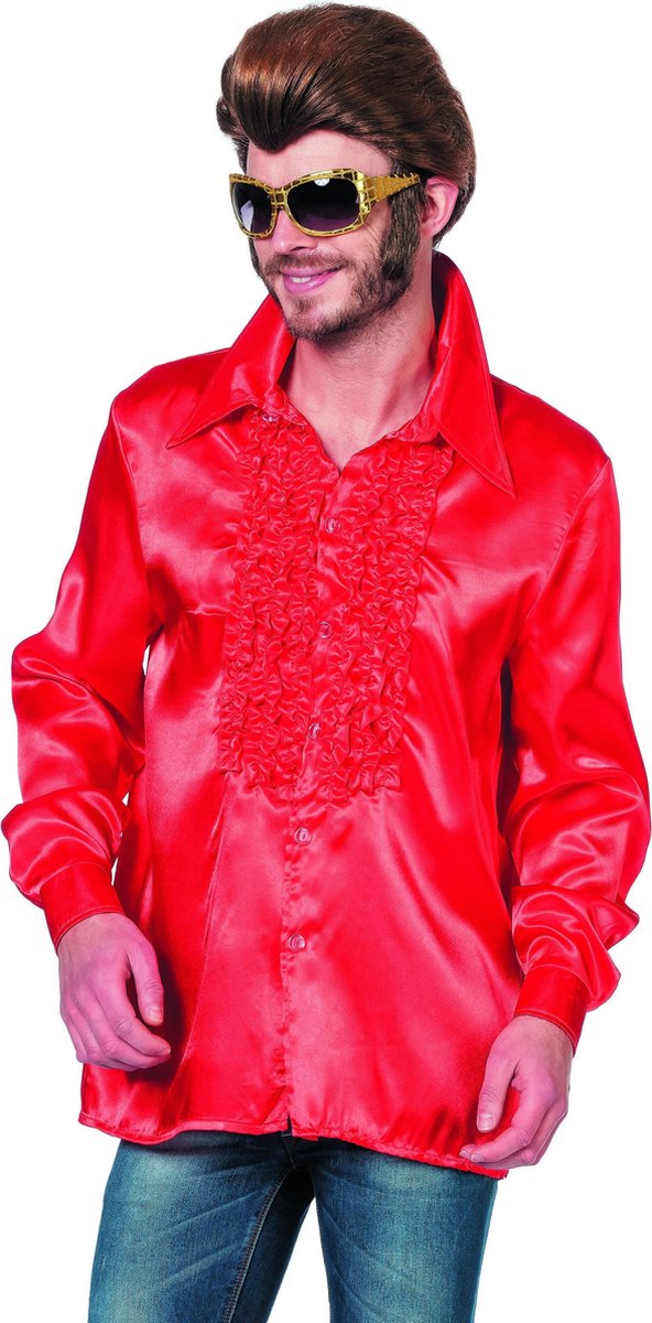 Wilbers & Wilbers - Jaren 80 & 90 Kostuum - Foute Rode Ruchesblouse Satijn - Rood - Maat 60 - Carnavalskleding - Verkleedkleding