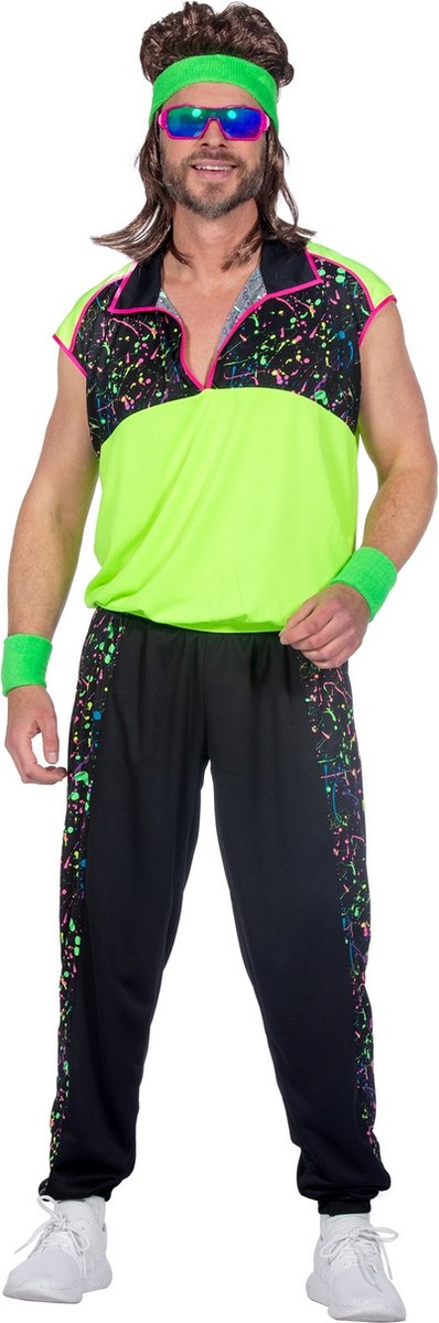 Wilbers & Wilbers - Jaren 80 & 90 Kostuum - Jaren 80 Retro Raving Dave - Man - Groen, Zwart - Large - Carnavalskleding - Verkleedkleding