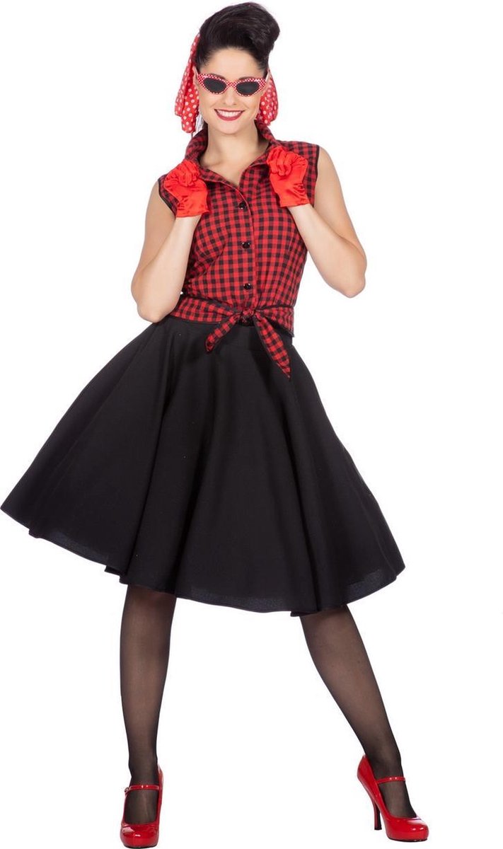 Wilbers & Wilbers - Rock & Roll Kostuum - Rockabilly Rode Rizzo - Vrouw - Rood, Zwart - Maat 36 - Carnavalskleding - Verkleedkleding