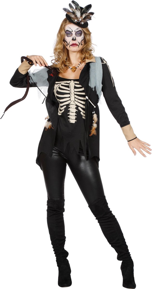 Wilbers & Wilbers - Spook & Skelet Kostuum - Voodoo Skelet Top Vrouw - Zwart - Maat 40 - Halloween - Verkleedkleding