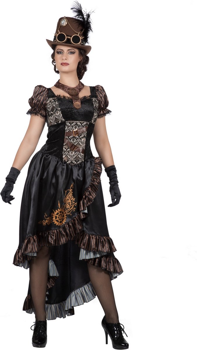 Wilbers & Wilbers - Steampunk Kostuum - Zwart Glanzend Steampunk Met Tandwielen - Vrouw - Zwart - Maat 36-38 - Carnavalskleding - Verkleedkleding