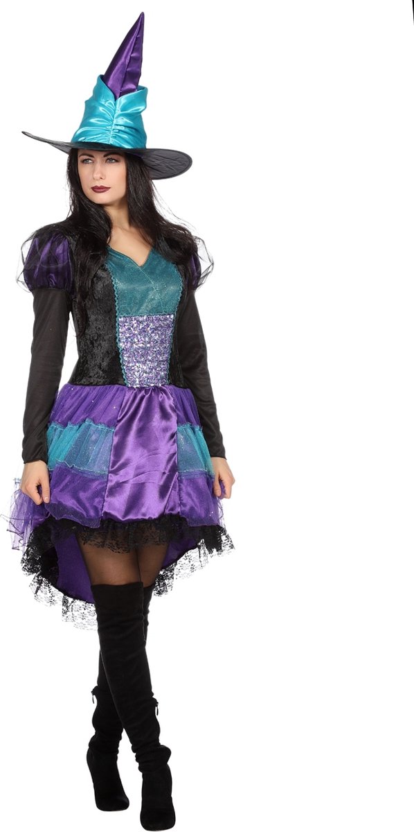 Wilbers & Wilbers - Tovenaar & Tovenares & Waarzegster Kostuum - Boze Gehaaide Heks Halloween - Vrouw - Multicolor - Maat 34 - Carnavalskleding - Verkleedkleding