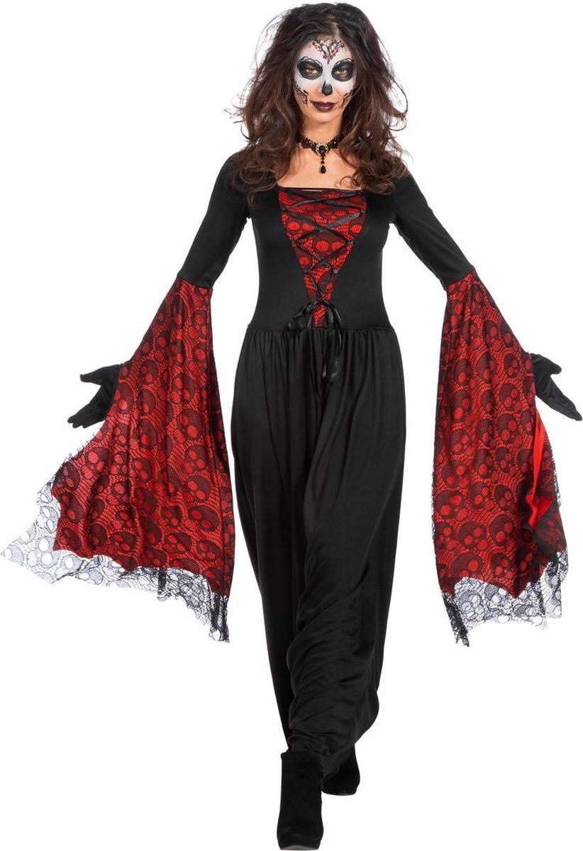 Wilbers & Wilbers - Vampier & Dracula Kostuum - Vleermuisjurk Cruella De Los Muertos Vrouw - Rood, Zwart - Maat 34-36 - Halloween - Verkleedkleding