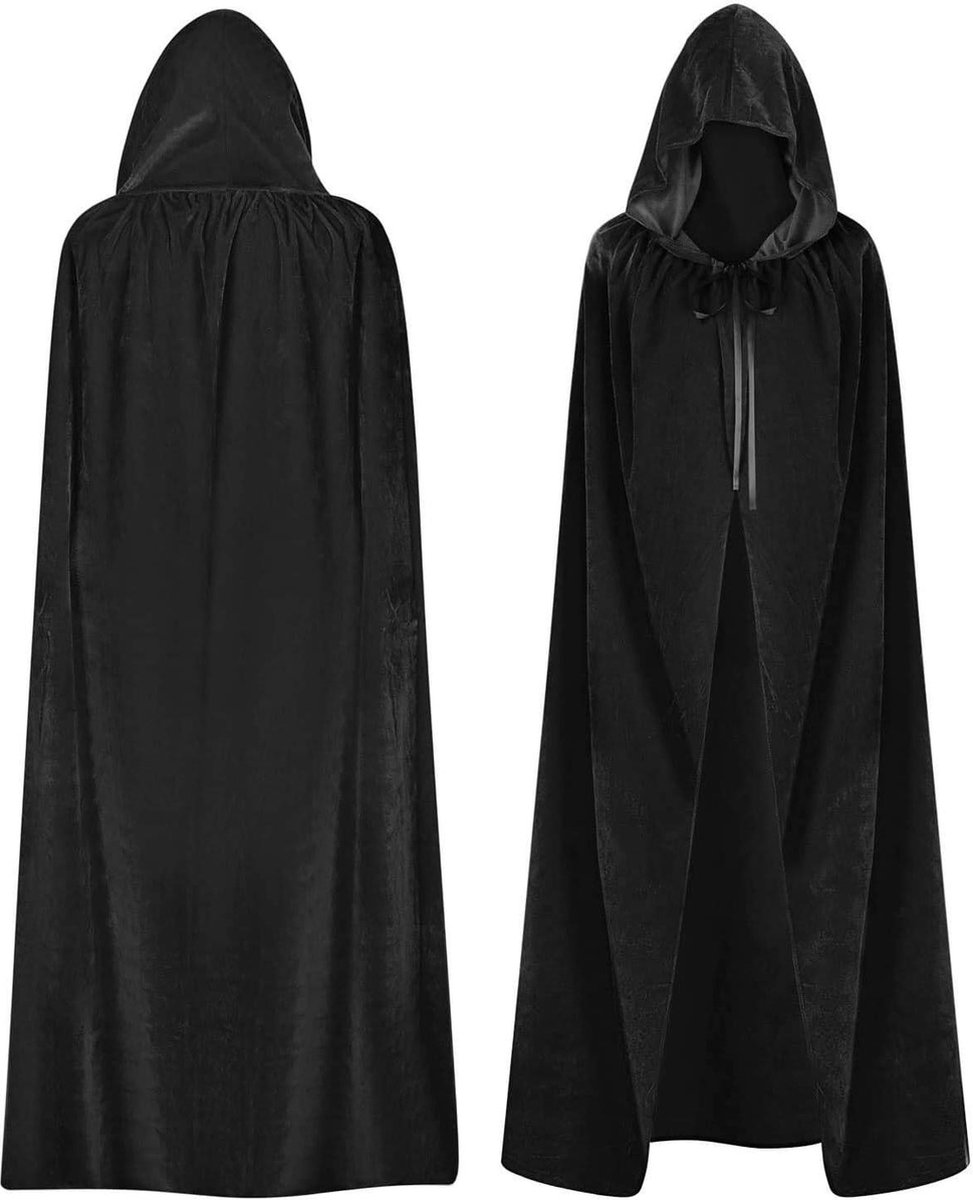 Zachte fluwelen capuchoncape voor volwassenen - gothic vampier mantel pet poncho - halloweenkostuum dames heren cosplay carnaval Pasen avond Kerstmis maskerade - zwart - 170CM