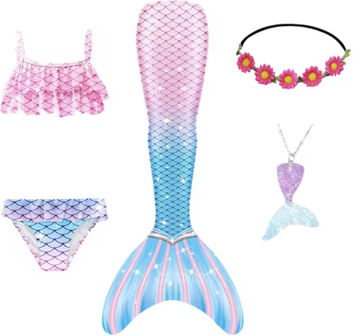 Zeemeermin Zwem Outfit - Maat: 140 - Exclusief Monovin - Bikini & Zeemeerminnen Vin - Inclusief Haar Accessoires - Zwemkleding Meisje - Roze & Blauw - Hoge Kwaliteit - Zeemeermin / Mermaid Outfit - Zwemmen / Strand - Bikini / Badpak