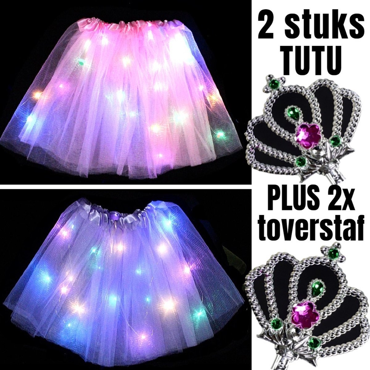 Allernieuwste.nl® 2 STUKS Tutu Kinder Rokje met Gekleurde Lichtjes PLUS 2 STUKS Toverstaf - Kinder Petticoat - 2 Stuks: ROZE + PAARS