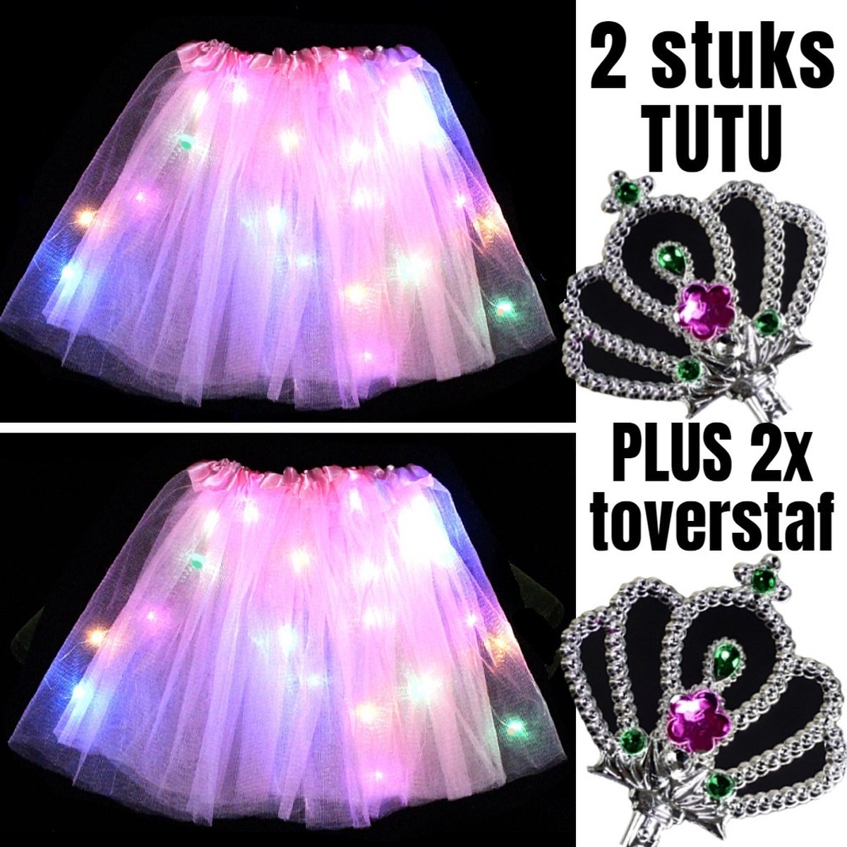 Allernieuwste.nl® 2 STUKS Tutu Kinder Rokje met Gekleurde Lichtjes PLUS 2 STUKS Toverstaf - Kinder Petticoat - 2 Stuks: ROZE