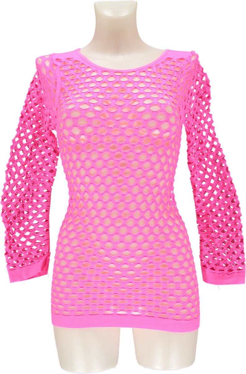 Apollo - Feesttrui doorschijnend met grote gaten - Stretch - Neon roze - Maat L/XL - Carnavalskleding dames - Carnaval - Feestkleding