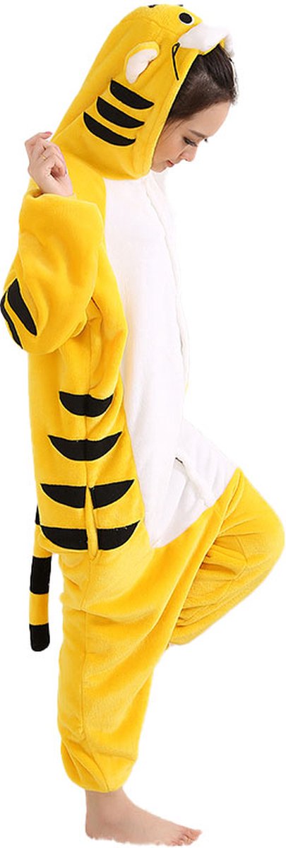 Gele Tijger Onesie Pak Kostuum Outfit Huispak Jumpsuit Verkleedpak - Verkleedkleding - Halloween & Carnaval - SnugSquad - Kinderen & Volwassenen - Unisex - Maat XL voor Lichaamslengte (175 - 195 cm)