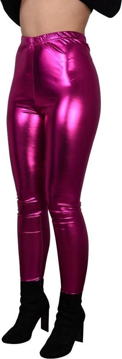 Glanzende legging - Fuchsia/ donker roze/ pink - Maat XXL - Hoge sluiting - Disco - Festival - Fout feest