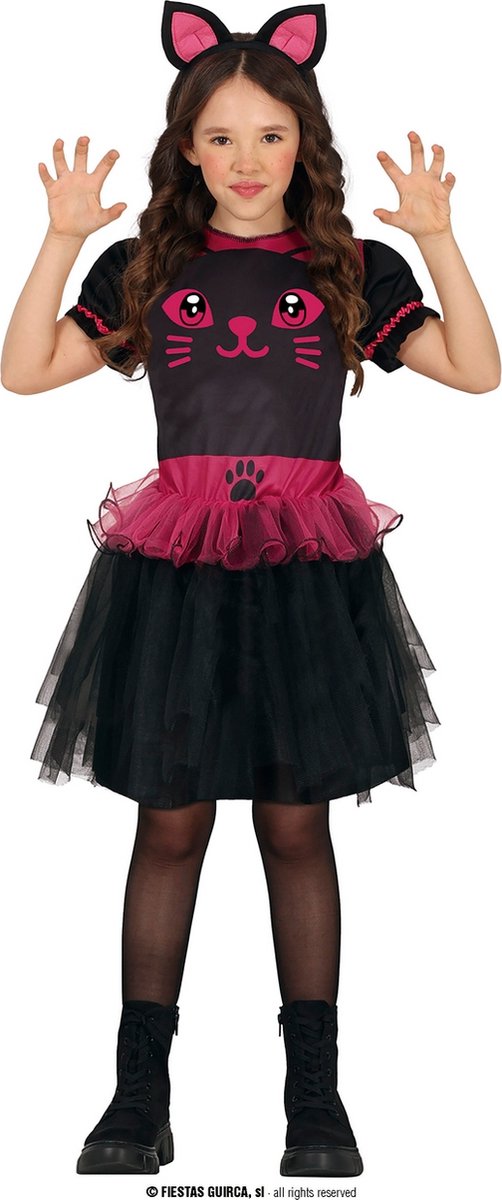 Guirca - Poes & Kat Kostuum - Zwarte Bijgelovige Kat - Meisje - Roze, Zwart - 3 - 4 jaar - Halloween - Verkleedkleding