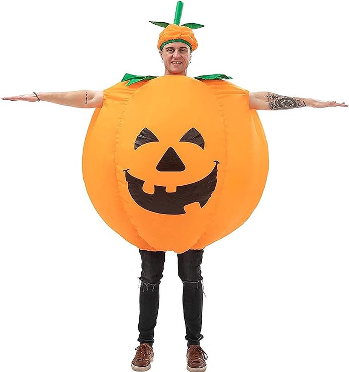 Halloween-pompoenkostuums voor volwassenen Opblaasbaar pompoenkostuum Opblaaspompoenpak Grappige pompoengezicht-jumpsuit Verkleedkleding voor Halloween-feest Kerstmasker