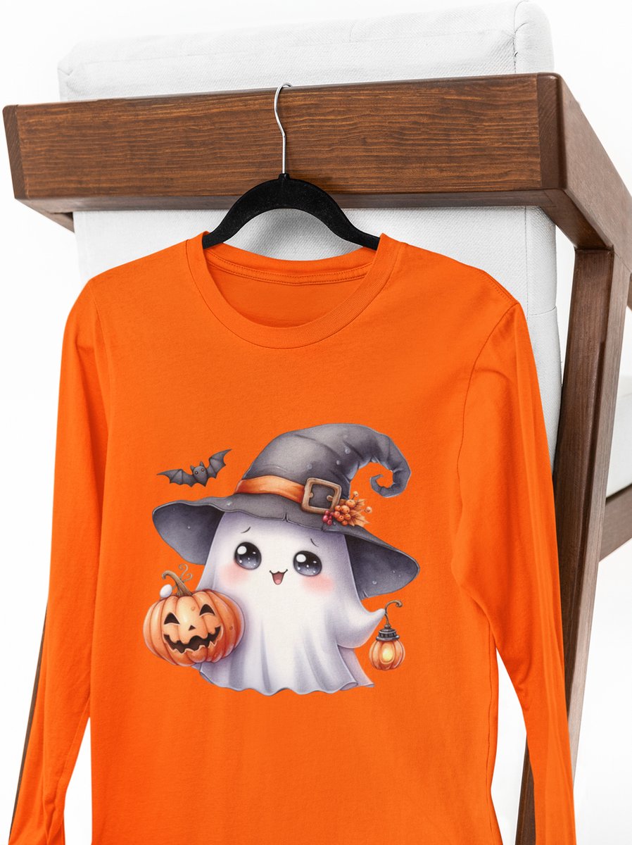 Halloween tshirt - kind met lange mouwen - Oranje - spook pompoen heksenhoed - maat - 122 - 5/6 jaar