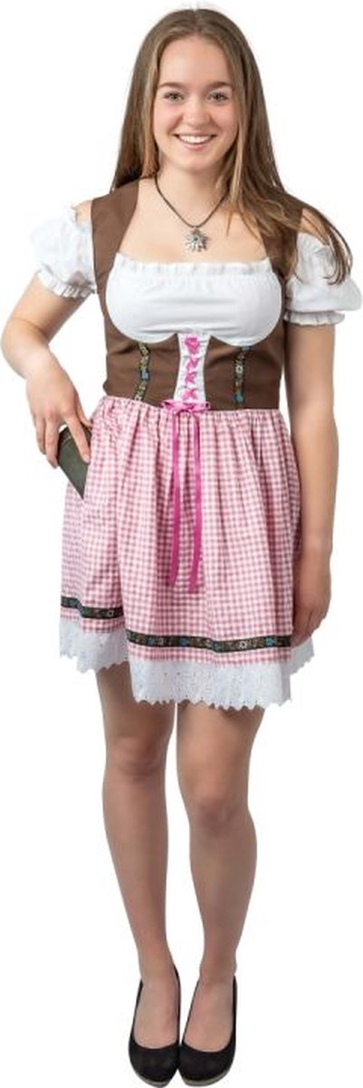 Haus Huberts Dirndl Jurk Rosi - Dames - Oktoberfest Dirndl - Tiroler- Bruin-Roze Geblokt - Maat 3XL