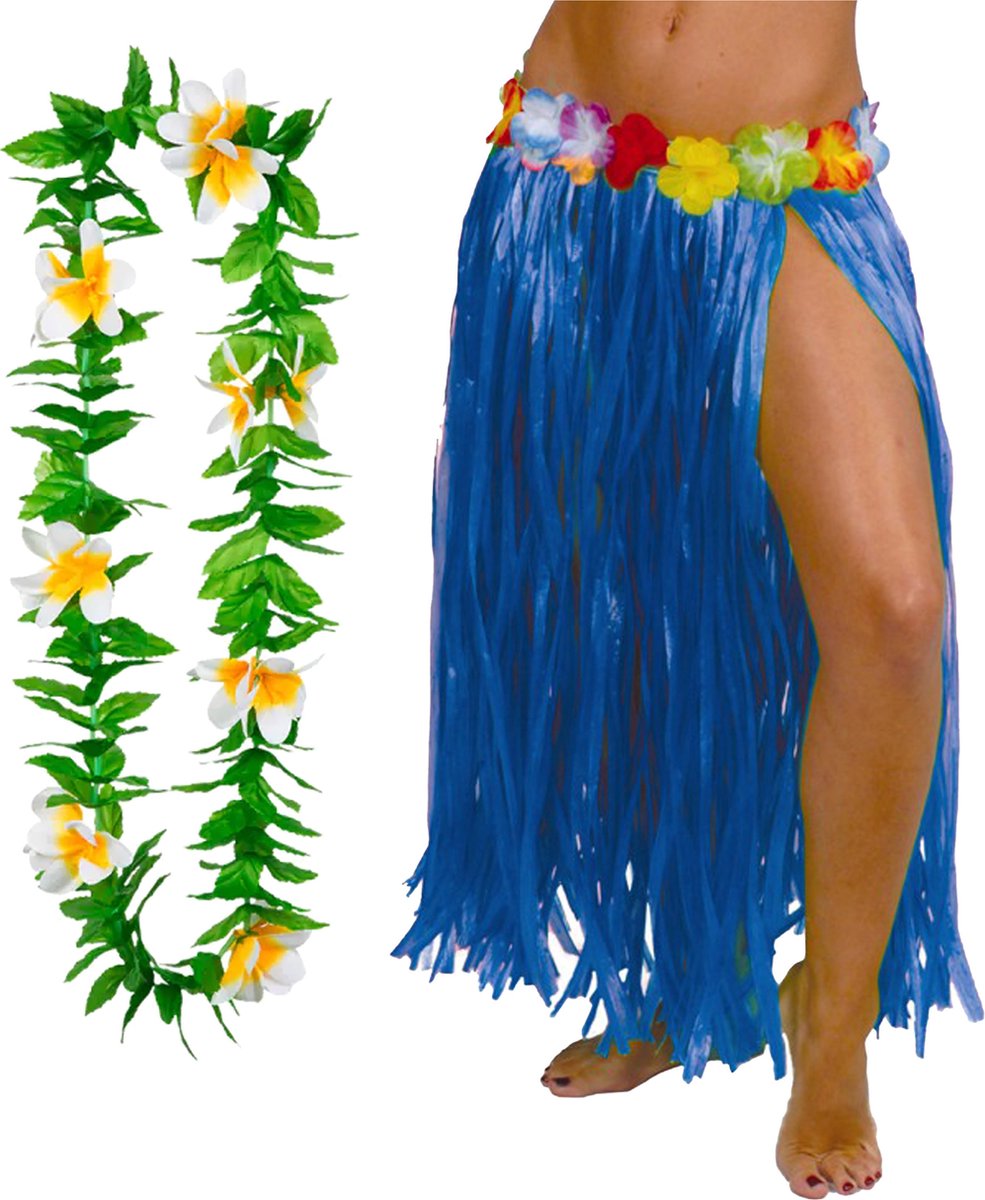 Hawaii verkleed rokje en bloemenkrans - volwassenen - blauw - tropisch themafeest - hoela