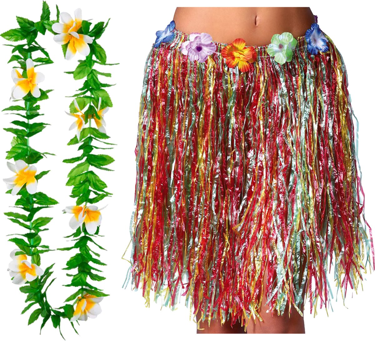 Hawaii verkleed rokje en bloemenkrans - volwassenen - multi - tropisch themafeest - hoela