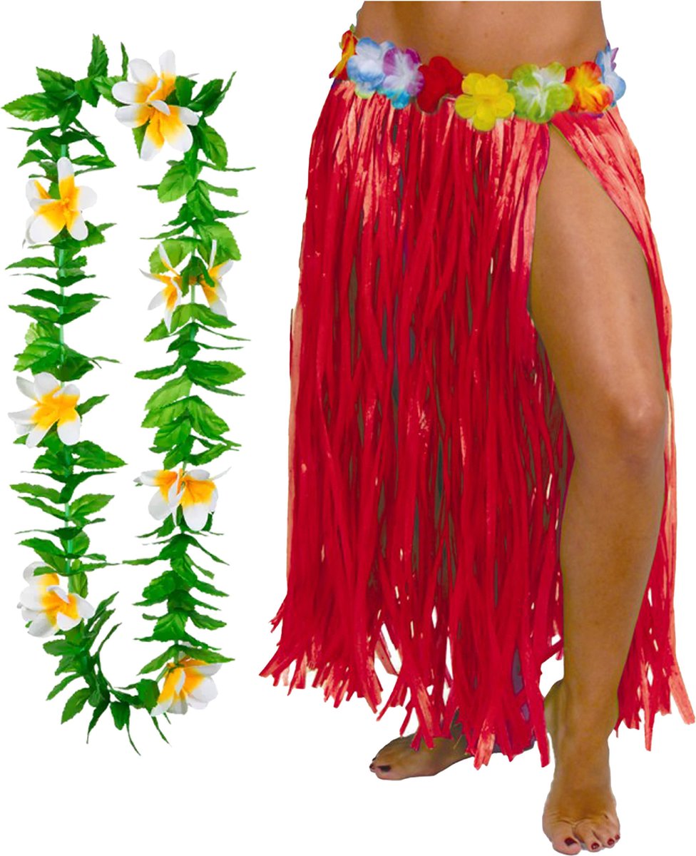 Hawaii verkleed rokje en bloemenkrans - volwassenen - rood - tropisch themafeest - hoela