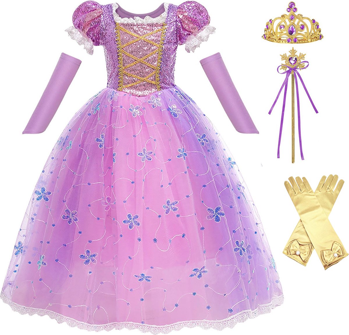 Het Betere Merk prinsessenjurk meisje - verkleedjurken meisjes - maat 104/110 - verkleedkleren kind - prinsessen verkleedkleding - tiara - handschoenen - toverstaf - roze