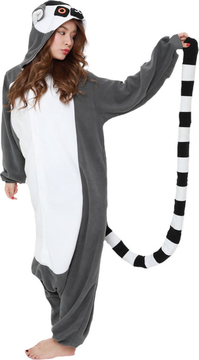 Lemur Ringstaart Maki Onesie Pak Kostuum Outfit Huispak Jumpsuit Verkleedpak - Premium Verkleedkleding - Halloween & Carnaval - SAZAC - Kinderen & Volwassenen - Maat Onesize voor Lichaamslengte (155-182 cm)